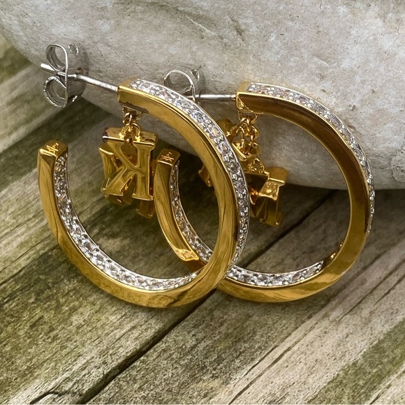 Danbury Mint Initial Hoop Earrings 14k gold plated w/ Diamonisse diamonds K & M - Picture 3 of 13